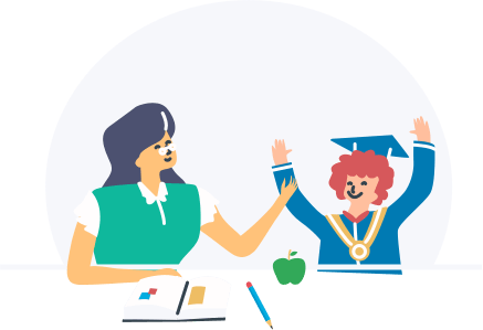 Animated icon of a young student being congratulated by a teacher.