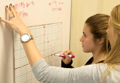 Teacher helping female student with math in front of whiteboard.