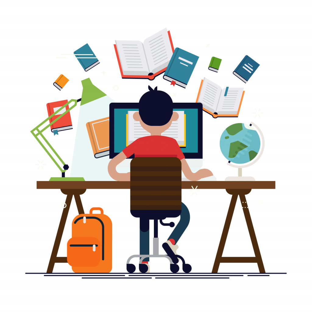 Animated image of young boy sitting at desk studying.